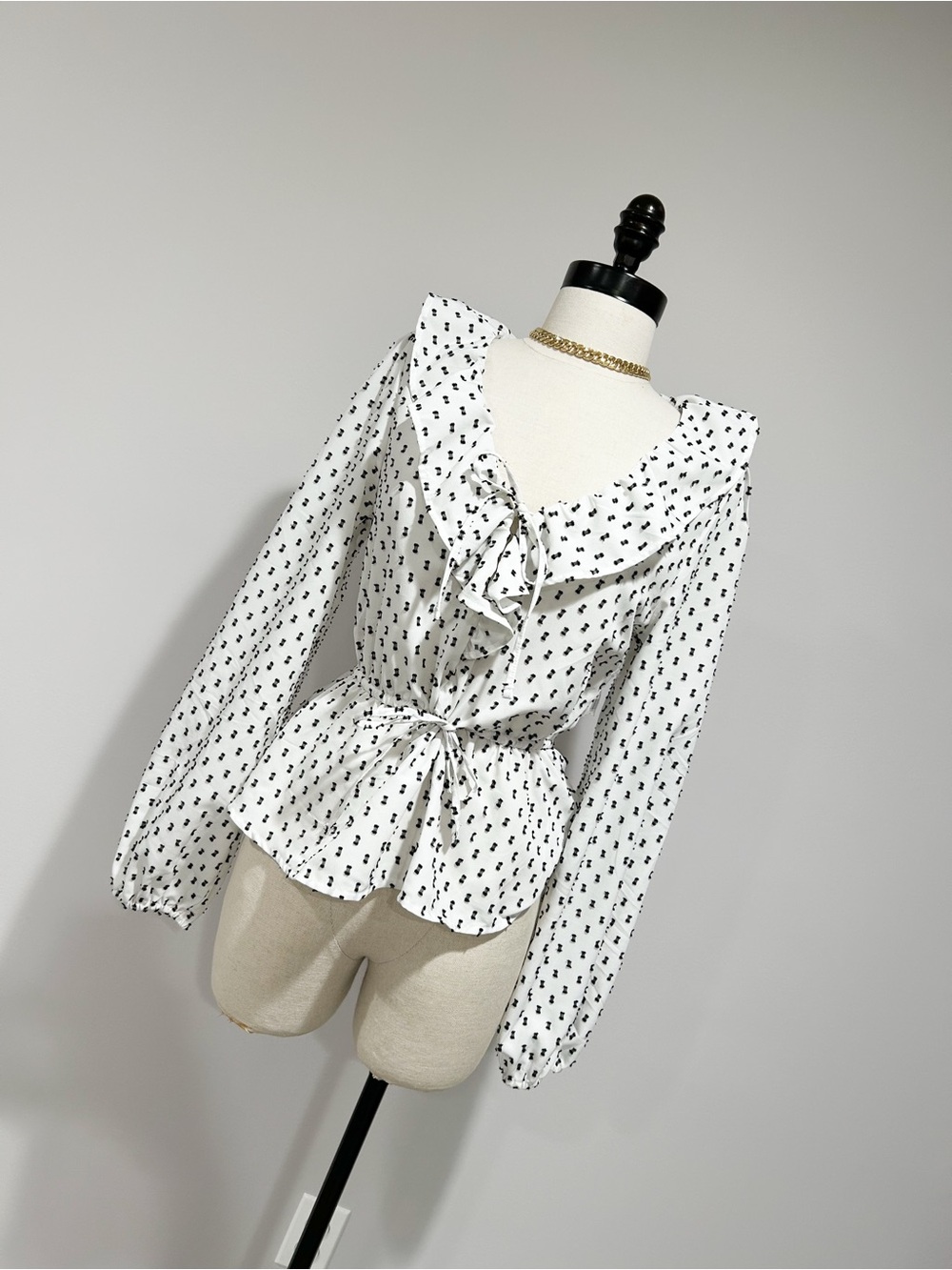 Old Navy White Ruffled Peplum Blouse with Black Print